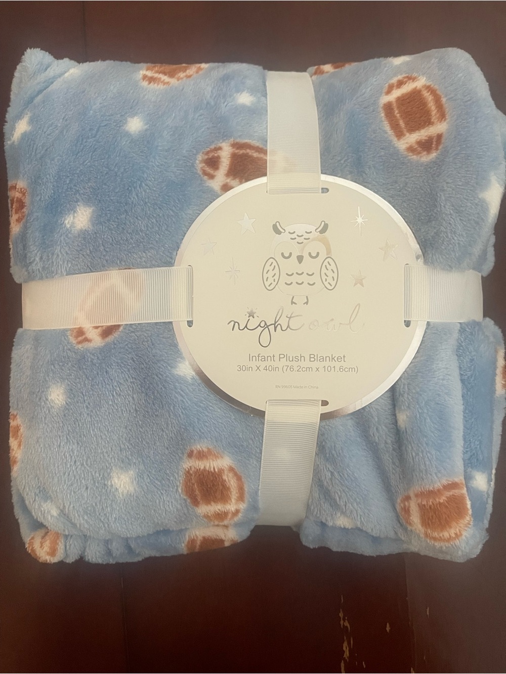 Infant Plush Blanket - Blue with Brown Footballs